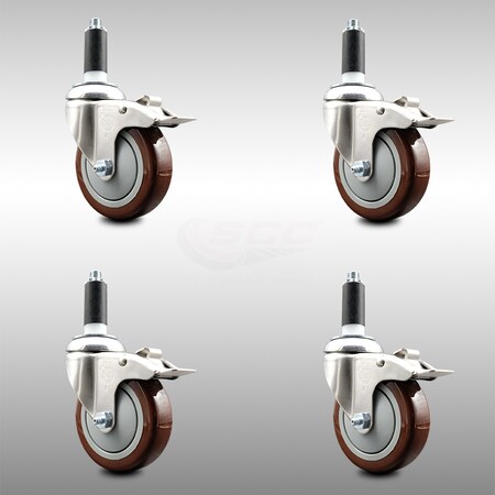 Service Caster 4 Inch 316SS Maroon Poly Swivel 1 Inch Expanding Stem Caster Set Lock Brake SCC-SS316TTLEX20S414-PPUB-MRN-1-4